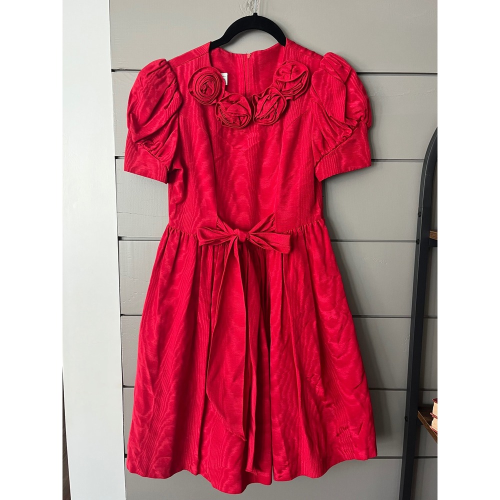 Jessica McClintock Girls Vintage Red Rose Puff Sleeve Bow Dress Size L/XL
